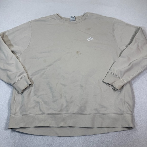 Nike Fleece Lined Sweatshirt XXL Beige‎ Crewneck Embroidered Spell Out Swoosh - Picture 1 of 8